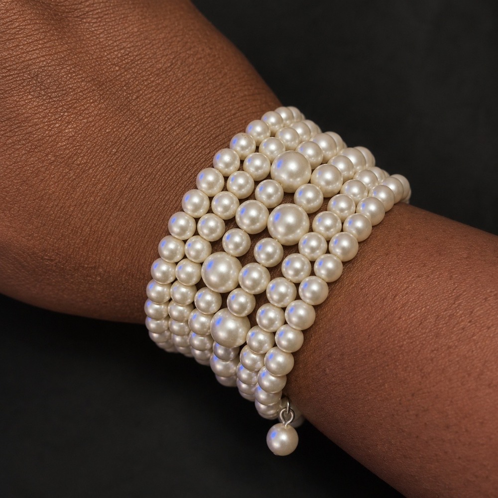 Vintage Faux Pearl Memory Wire Coil Bracelet Multi Strand Wrap Coquette Bridal